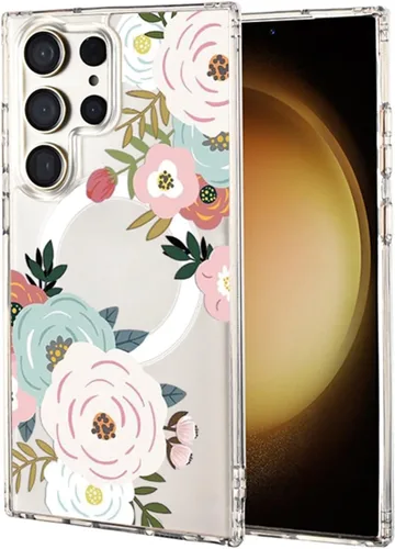 Vista 36 de Funda magnética para Samsung Galaxy S22 Ultra Flower, compatible con MagSafe, patrón floral transparente a prueba de golpes, parte trasera