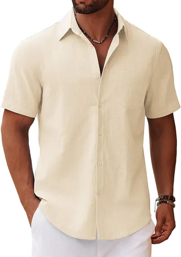 Vista 6 de COOFANDY Camisa de manga corta con botones para hombre, casual, de algodón, para verano, playa, lino, para boda, con bolsillo