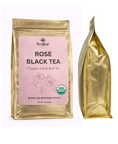 Vista 3 de Té negro rosa orgánico hoja suelta – hoja entera, orgánico USDA, aroma floral suave, té negro rico en antioxidantes, 1 libra (16.08 oz) por Tealise