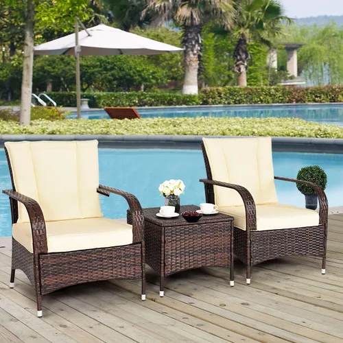 Vista 2 de Tangkula - Juego de muebles de jardín de 3 piezas, 2 sillas de mimbre con mesa de centro con cubierta de cristal, para el jardín, al aire libre