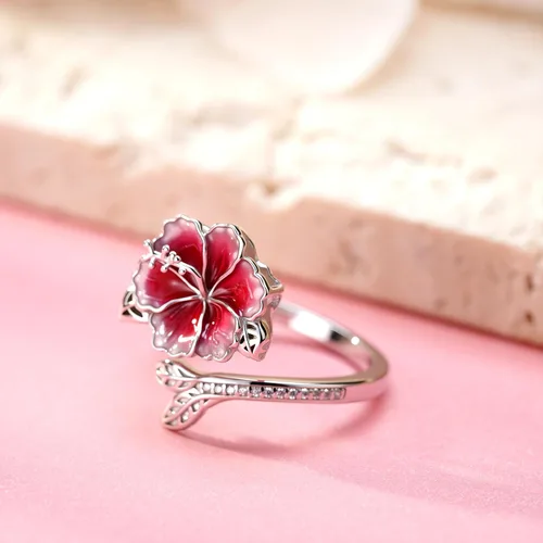 Vista 2 de Anillo de hibisco Anillo de flor hawaiana con joyería de hibisco de plata de ley ajustable abierta para mujer, talla 7