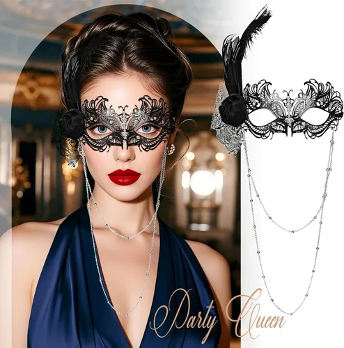 Vista 5 de Aroncent Máscara de plumas para mujer: máscara de filigrana de metal veneciano con cadena desmontable, fiesta de Halloween Negro