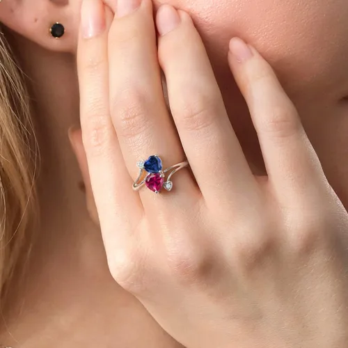 Vista 3 de Gem Stone King Anillo de oro blanco de 10 quilates con zafiro creado azul y rubí rojo para mujer