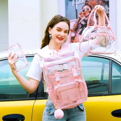 Vista 54 de Mochila transparente, aprobada por el estadio, para niñas y niños, mochila transparente de PVC resistente para mujeres y hombres