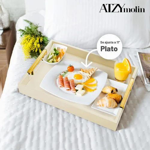 Vista 3 de ATZYmolin - Bandeja de cuero para servir, con asas doradas, color beige Beige con mango Glod