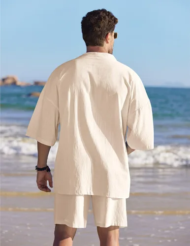 Vista 3 de COOFANDY Conjuntos de lino para hombre, 2 piezas, cárdigan, ropa de playa y conjuntos cortos