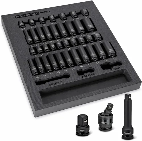 Vista 15 de Powerbuilt Master Juego de llaves de impacto de 63 piezas de 1/2 pulgada, extensiones, llaves de impacto métricas y SAE profundas/estándar, junta