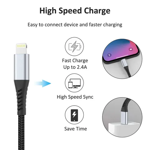 Vista 3 de Cable corto de carga para iPhone de 6 pulgadas, paquete de 3 cables USB a Lightning de 0.5 pies, cable corto trenzado para iPhone de carga rápida