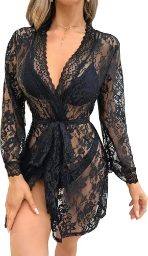 Vista 2 de Verdusa Camisón de encaje transparente festoneado de manga larga para mujer