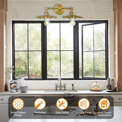 Vista 2 de PASSICA DECOR Lámpara de pared con cable de 2 cabezales, lámpara de pared para interiores, latón antiguo, 2 luces con pantalla de flores, accesorio