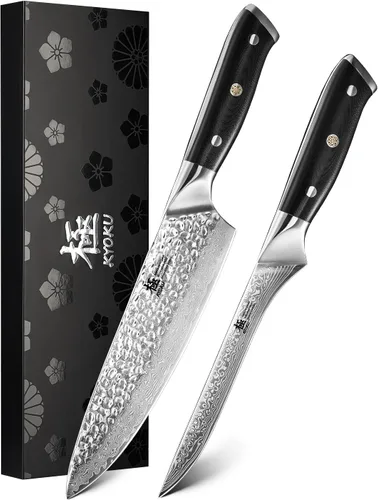 Vista 9 de KYOKU - Juego de 2 cuchillos japoneses para cortar carne, juego de cuchillos de carnicero de cocina de Damasco para tallar pechuga, acero VG10