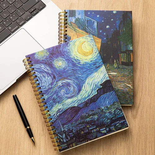 Vista 7 de 4 paquetes de cuadernos A5 Van Gogh con cubierta superdura en espiral, cuadernos de espiral con tapa dura, diarios en espiral, diarios encuadernados