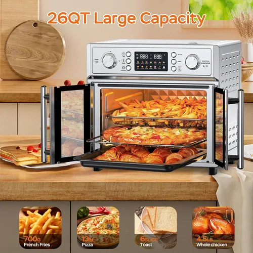 Vista 8 de Combinado de Tostador de Puerta Francesa Extra Grande con Freidora de Aire, Freidora de Aire de Puerta Doble Francesa de Gran Capacidad de 1700W