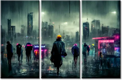 Vista 106 de Arte de pared de 3 piezas de escena de ciencia ficción de la calle comercial futurista paisaje urbano, decoración de pared para dormitorio