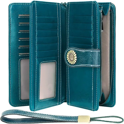 Vista 9 de HUANLANG Cartera grande de cuero para mujer con bolsillo para monedas, organizador de cartera RFID para mujer con correa para muñeca, Estilo 2