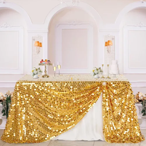 Vista 4 de B-Cool Mantel rectangular de lentejuelas doradas de 50 x 102 pulgadas, mantel rectangular con purpurina para fiestas, bodas, cumpleaños, Halloween