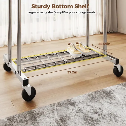 Vista 4 de HYSEYY Perchero de ropa resistente, perchero con ruedas para colgar ropa con estantes, carga de 700 libras, armario portátil con ruedas