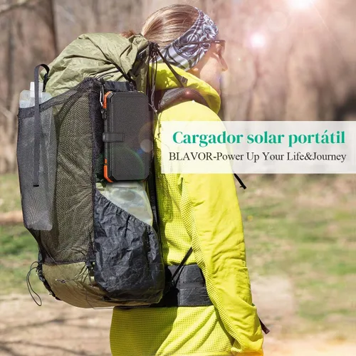 Vista 9 de BLAVOR Cargador solar, PD 18 W, carga rápida, 20000 mAh, con 4 paneles plegables, cargador USB C portátil con linterna de campamento, mosquetón