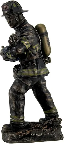 Vista 3 de Estatua de bronce metálico para niños, bombero, 11 pulgadas de alto Resina fundida en frío, detalles pintados a mano, 5 pulgadas. Largo, 5