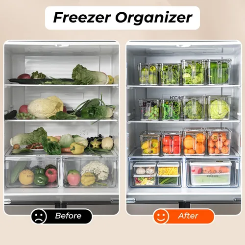 Vista 6 de Paquete de 2 organizadores transparentes para refrigerador y almacenamiento, contenedores organizadores de plástico para refrigerador con asa