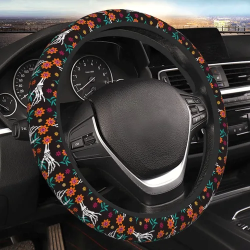 Vista 13 de Funda de volante retro con diseño de calavera para mujeres, hombres y niñas, accesorios para automóvil, decoración, antideslizante, de neopreno, 15