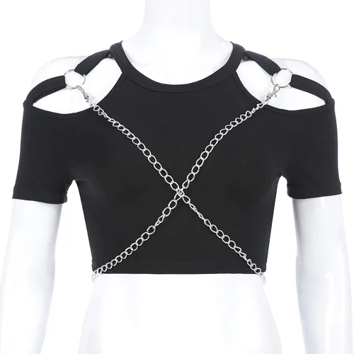 Vista 4 de Women Punk Gothic T-Shirt Chains Harajuku Black Crop Top