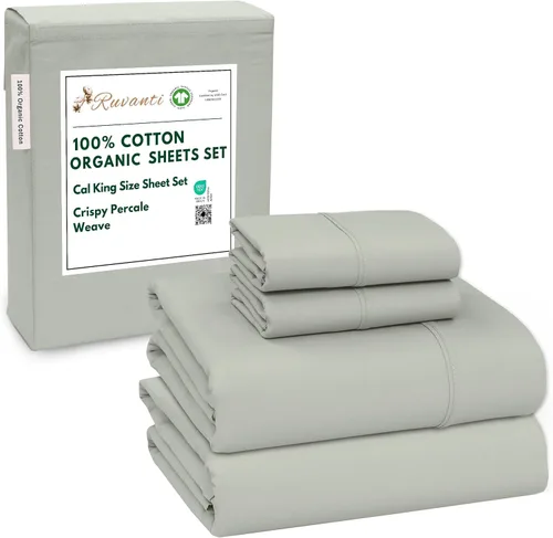 Vista 128 de RUVANTI Juego de sábanas de algodón orgánico 100% tamaño completo, tejido de percal, certificado GOTS, juego de 4 piezas, bolsillo profundo de 15