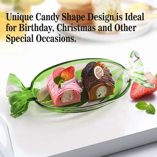 Vista 4 de Bandeja de cristal para dulces, platos de frutas de mesa, plato de postre para pastel, decoración de Navidad, decoración navideña, verde