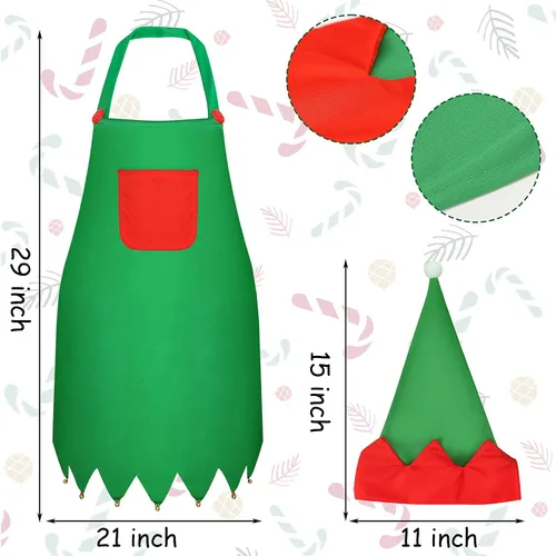 Vista 2 de LOVEINUSA Juego de delantal y sombrero de elfo de Navidad, delantales de Papá Noel, sombreros de cosplay para fiesta de Navidad, suministros