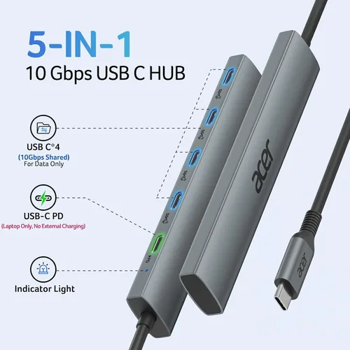 Vista 2 de Acer Hub USB C de 10 Gbps, divisor USBC con 4*USB C 3.2 y puerto PD de 100W, adaptador multipuerto de transferencia rápida tipo C compatible