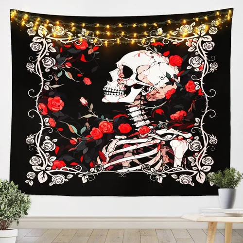 Vista 19 de Tapiz femenino de flores de rosas rojas, tapiz de pared para el día de San Valentín, decoración de habitación de niñas y mujeres, cielo estrellado