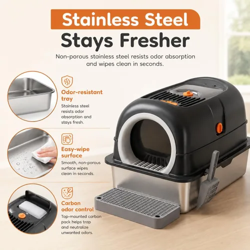 Vista 8 de Stainless Steel Litter Box 23.6", Enclosed Dual Entry XL