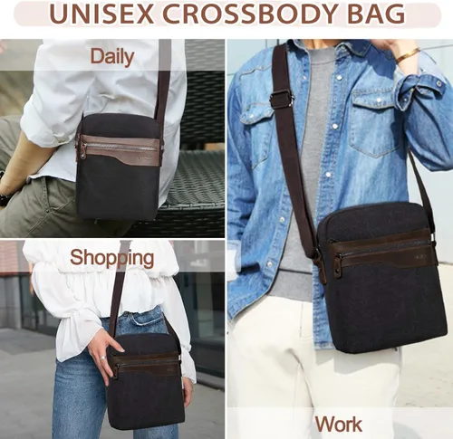 Vista 7 de VASCHY Bolsa de mensajero pequeña, bolso cruzado de lona de cuero vintage para hombres y mujeres para trabajoviajes