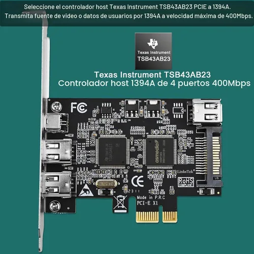 Vista 2 de Tarjeta PCIE 1394A Firewire 400 de 4 puertos para Windows OS y PC MAC OS, TI TSB43AB23, 3 x 6 pines y 1 interfaz 1394A de 4 pines, con cables de 4