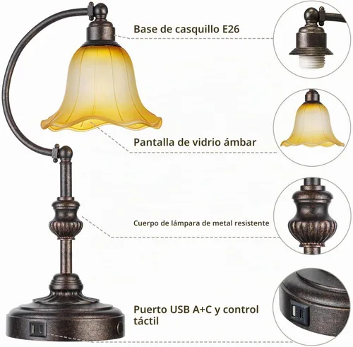 Vista 5 de RORIA Touch Farmhouse - Lámpara de mesa para sala de estar, lámpara de mesa de noche rústica regulable de 3 vías con puertos USB A+C, lámpara retro