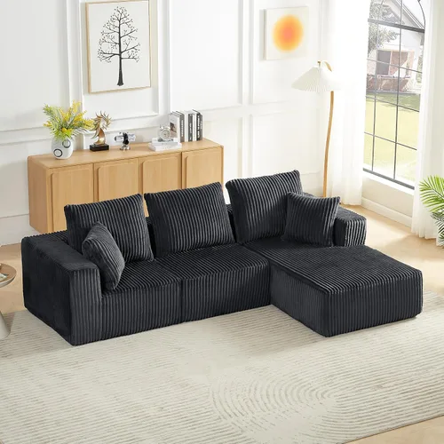 Vista 4 de Sofá modular modular de 4 plazas con asiento profundo, sofá tapizado de pana en forma de L, no requiere montaje para juegos de muebles de sala