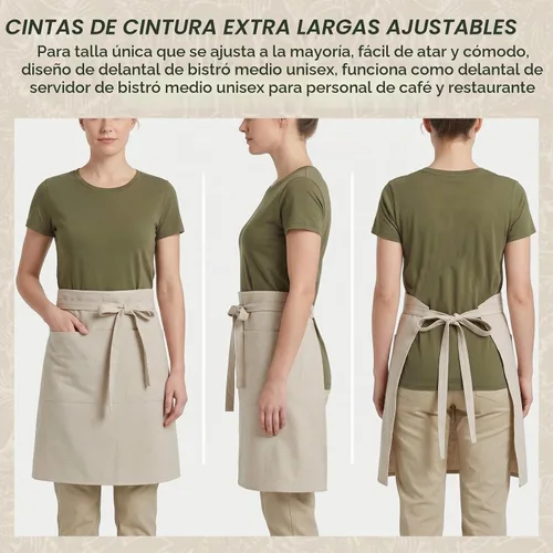 Vista 3 de Delantal de Servidor de Lino Cityelf de Algodón de Media Cocina con Bolsillos Grandes de Cintura de Cocina para Camarera