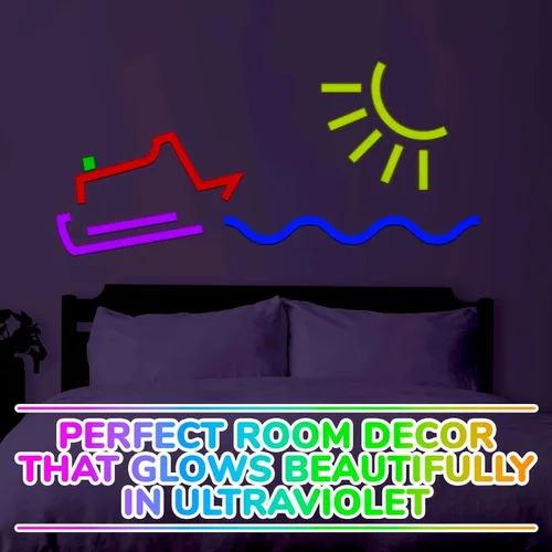 Vista 9 de Paquete de 5 cintas de luz negra – Cinta de neón reactiva a los rayos UV, juego multicolor: verde, rojo, amarillo, rosa y azul, cada rollo mide 16