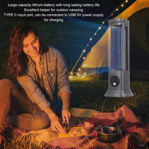 Vista 5 de Ventilador de torre de escritorio, ventilador silencioso sin aspas de 10 pulgadas con 3 niveles de velocidad, aire gran angular 3D, base ajustable