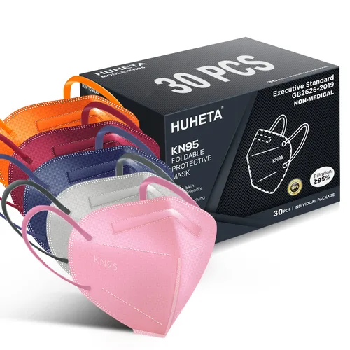 Vista 9 de HUHETA - Mascarillas KN95, paquetes de 30 unidades envueltas individualmente, 5 capas, transpirables y cómodas, con eficiencia de filtro superior al