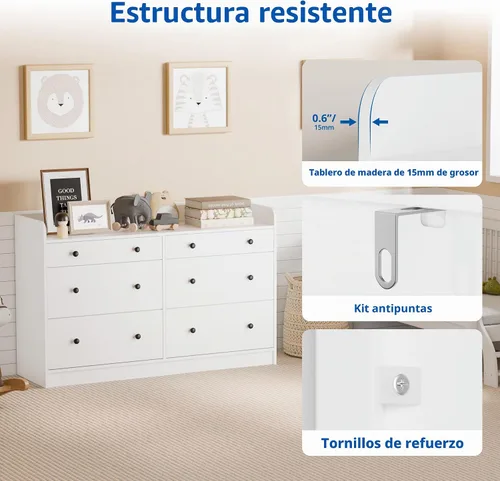Vista 10 de Cozy Castle Cómoda para bebé con 6 cajones y mesa grande, cómoda multifuncional, cómoda con cajones con rieles altos de tres lados para guardería