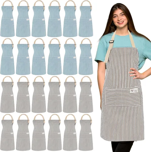 Vista 20 de Janmercy 24 delantales para mujeres y hombres con 2 bolsillos, delantal de cocina de lino, delantal ajustable para chef, delantales a granel unisex
