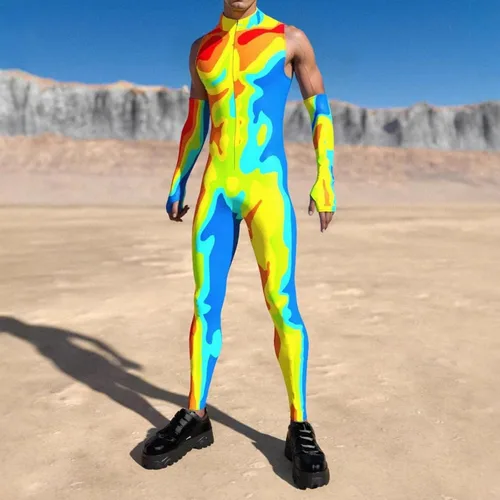 Vista 2 de Traje unisex con estampado 3D de Halloween, para fiesta, con cremallera frontal, traje de cosplay con sobremangas Amarillo Azul Naranja Rojo