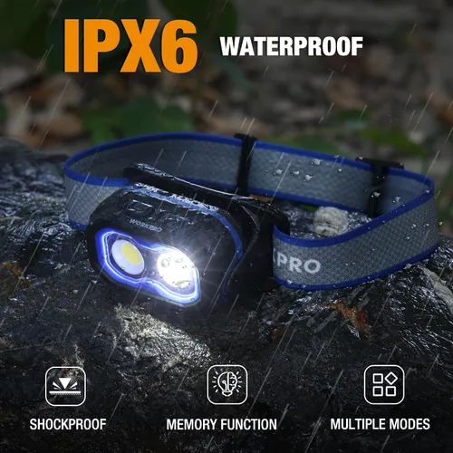Vista 6 de WORKPRO 1200LM Linterna recargable para cabeza, súper brillante con luz blanca y roja, sensor de movimiento, función de memoria, luz frontal a