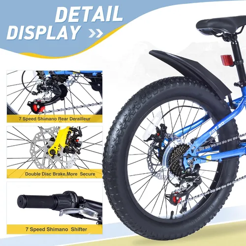 Vista 4 de Bicicleta de montaña de 20 pulgadas para niños y niñas a partir de 5 años, bicicleta Shimano de 7 velocidades con frenos de disco duales todo