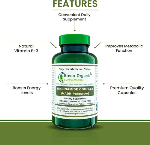 Vista 2 de Green Organic Supplements Niacinamida, niacina, NAD, NADH, alta absorción, sin OMG, sin gluten (paquete de 4)