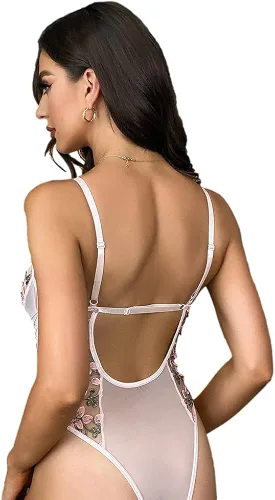 Vista 3 de Lilosy - Body de lencería de malla transparente diseño floral con encaje bordado una pieza