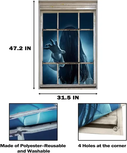 Vista 7 de Decoración de ventana de Halloween, cortina de fantasma femenino, decoración aterradora para la pared de la puerta de la ventana, decoración