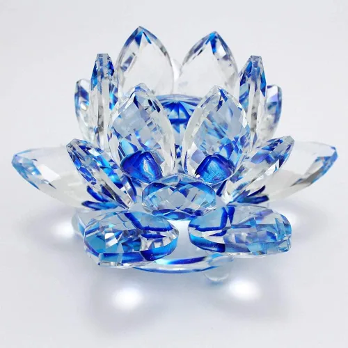Vista 4 de Loto de cristal transparente, flor de cristal brillante con caja de regalo, reflejo de tono, purpurina, paz, pureza, buena fortuna, sabiduría