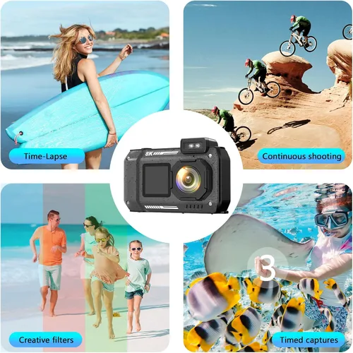 Vista 7 de Cámara Digital Impermeable 8K para Esnórquel: 70MP 33FT Cámara Subacuática Compacta Resistente HD de Doble Pantalla con Zoom de 18X Selfie, Tarjeta